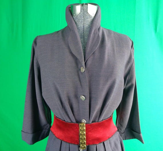 Vintage Retro Clothing Apparel LG Shift Day Shirt Button Dress 1940s 1950s Mid Century Gray Mauve Wedding Party Evening Formal Casual Gift