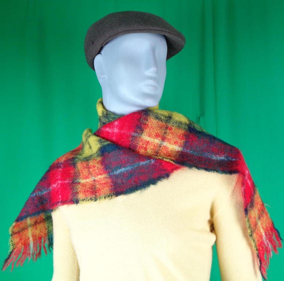Vintage Retro Unisex Mohair Wool Scarf Wrap Accessorie 1950s 60s Mid Century Tartan Plaid Red Green Blue Yellow Evening Formal Casual Gift