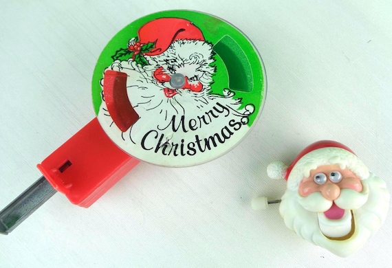 Vintage Retro Christmas 1990s Russ Santa Movement Brooch Pin: Wind-Up Toy, 1970s Spark Reflector Holiday Gift