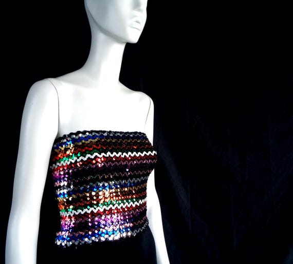 Vintage Beaded Tub Top: 1970s Rainbow Chevron Sparkly Sequins Crop Blouse Nu Mode Toronto