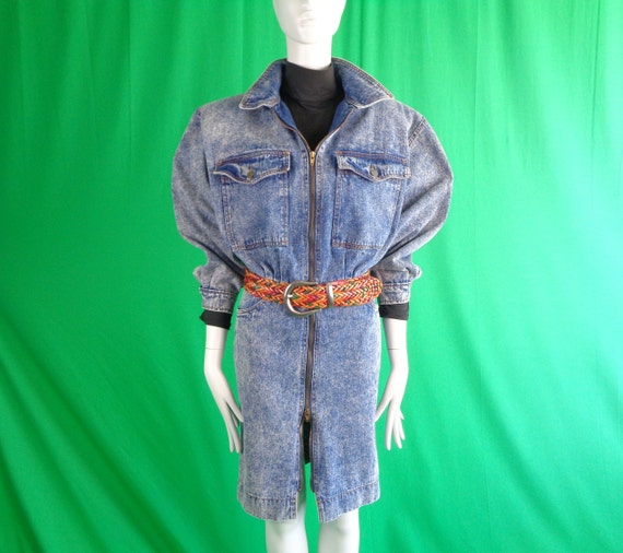 Vintage Retro Womens Girls Clothing Manhattan Jean Denim Short Solid  Straight Dress Zip Cotton Size XS Small 1980s 1990s New Wave Rock Punk 