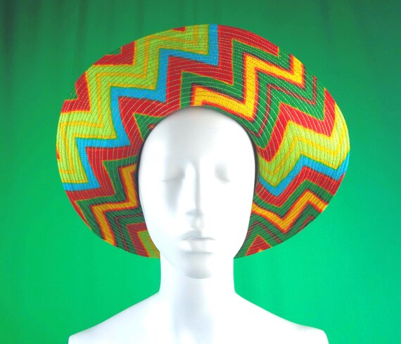 Vintage Retro Mod Monsieur Henri Jr Hat 1960s 1970s Designer Brim Floppy Bucket Sun Aztec Chevron Zig Zag Rainbow Wedding Party Formal Gift