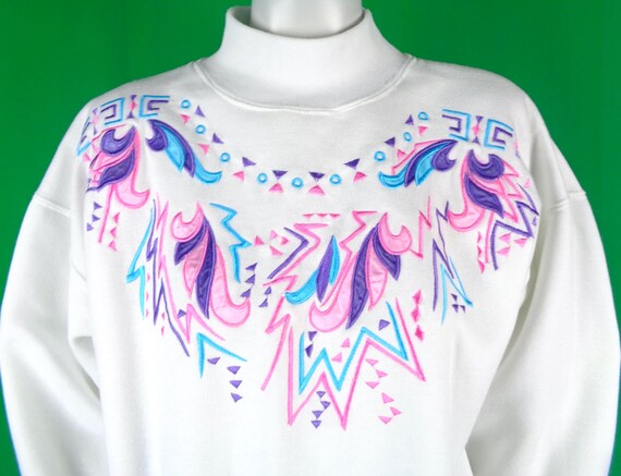 Vintage Retro Clothing Apparel Pullover Sweater Top 1980s 1990s LG Crazy Patten Athletic Sport-wear White Purple Pink Blue Casual Party Gift