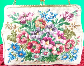 Womens Girls Accessorie Beige Pink Purple Blue Green Needle Point Purse Top Handle Evening Wedding Formal 1920s 30s Flapper Art Deco Vintage