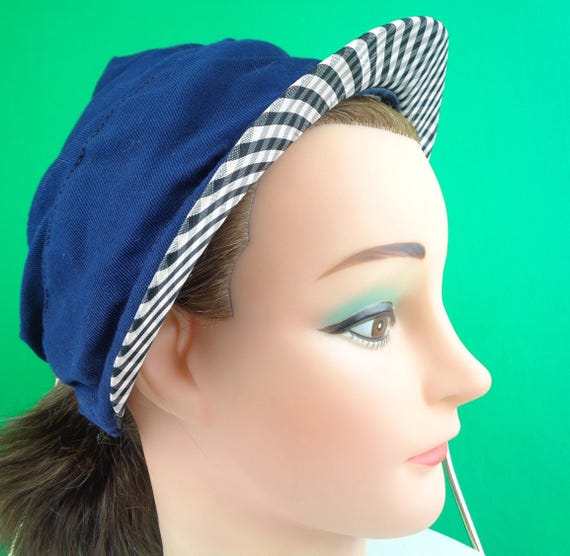 Vintage Retro Navy Blue Half Mini Sun Tilt Hat 1940s 1950s Mid Century Checker Pail Pink Black Gray Wedding Party Evening Gift Accessorize