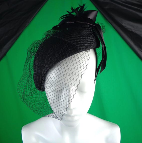 Vintage Bollman Black Feather Veil Hat - 1970s Millinery Bow Capulet Party Evening Gift Accessory