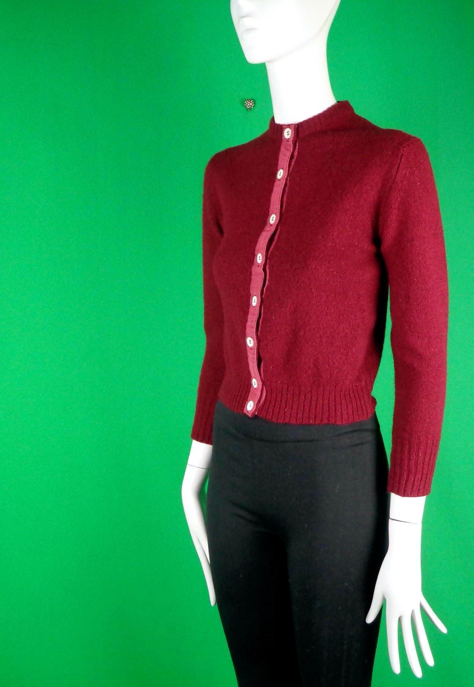 Vintage Burgundy Wool Cardigan: 1950s Button-down Sweater Mid 