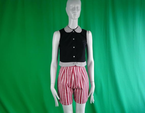 Vintage Retro Clothing Apparel Crop Button Top Shirt Blouse 1950s 60s Mid Century Black White Check 13 J XS Wedding Party Formal Casual Gift