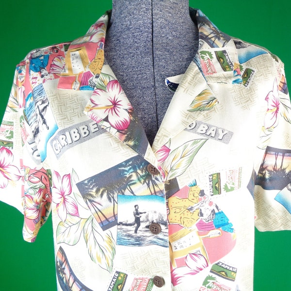 1980er Jahre 1990er Jahre Vintage Retro Top T Bluse Karibik Hemd Hawaiihemd Größe L Größe L