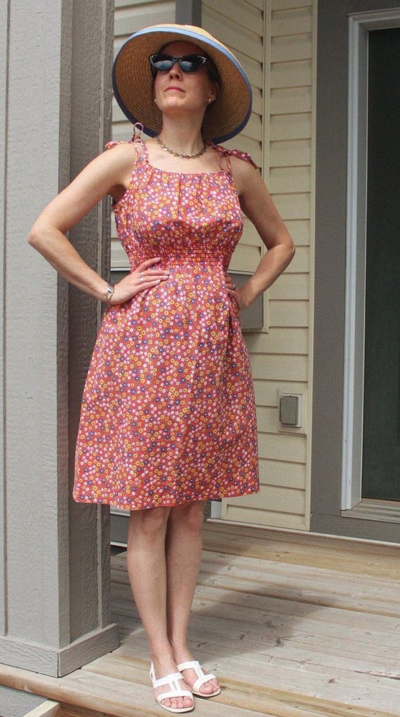 Vintage Retro Handmade Clothing Apparel Tie Cotton Sun Dress 1960s 1970s CA US M Peasant Boho Hippie Floral Red Blue Yellow Green White Gift
