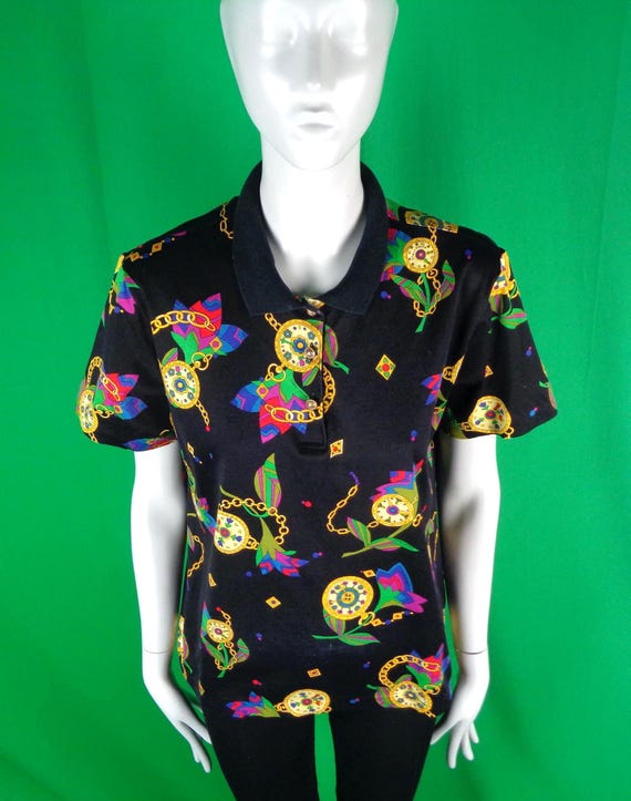 Vintage 80s-90s Graphic Polo Shirt: Chain Watch Floral Print Rhino Cero Button-up Pullover Top