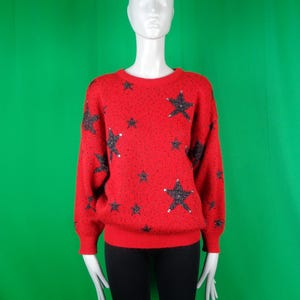 Vintage Retro Kleidung Pullover Oversize Pullover Acryl Wolle Tinsel Zopfmuster Strick 1970er 80er Jahre XLarge Rot Splitter Stern Top Pullover Casual Geschenk