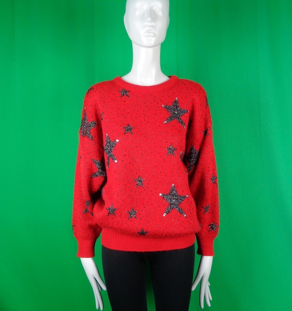 Vintage Retro Clothing Pullover Oversize Sweater Acrylic Wool Tinsel Cable Knitwear 1970s 80s XLarge Red Sliver Star Top Jumper Casual Gift