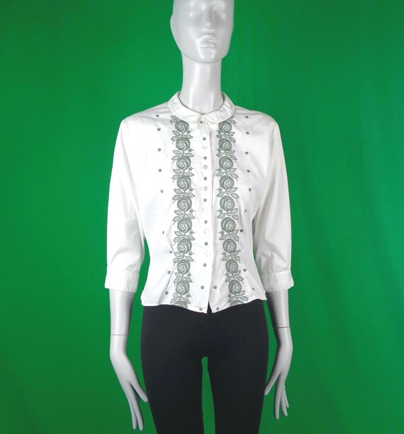 Vintage Retro Handmade Clothing Apparel Button Blouse Shirt Top 50s 60s Mid Century M Embroider White Gray Wedding Party Evening Formal Gift