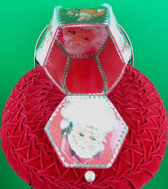 Vintage Retro 1950-60s Handmade Santa Claus Card Lid Basket: Mid Century Christmas Holiday Decor Gift