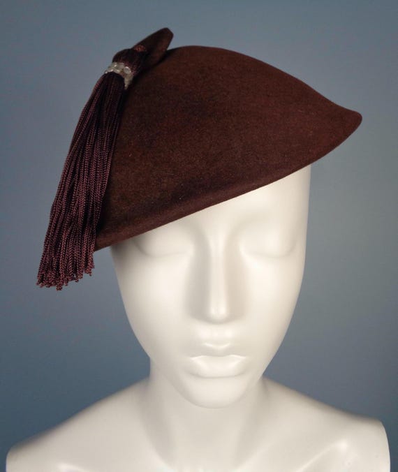 Vintage 1940s 50s Brown Tassel Hat Mid Century Lonette Capulet Accessory Gift
