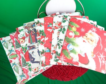 Christmas Holiday Gift Wrap Paper & Tissue 1950s 60s Vintage Mid Century Retro Santa Snowman Edwardian Bell Candy Cane Hollie Tree Ornament