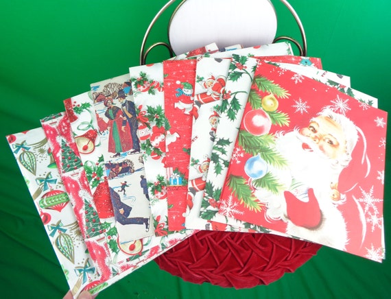 Vintage Retro Christmas Holiday Gift Wrapping Paper 50s 60s Mid Century Santa Claus Snowman Edwardian Bell Candy Cane Hollie Tree Ornament