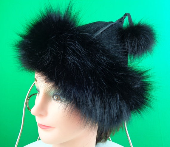 Womens Girls Accessorie Jet Black Fox Fur Pom Pom… - image 1