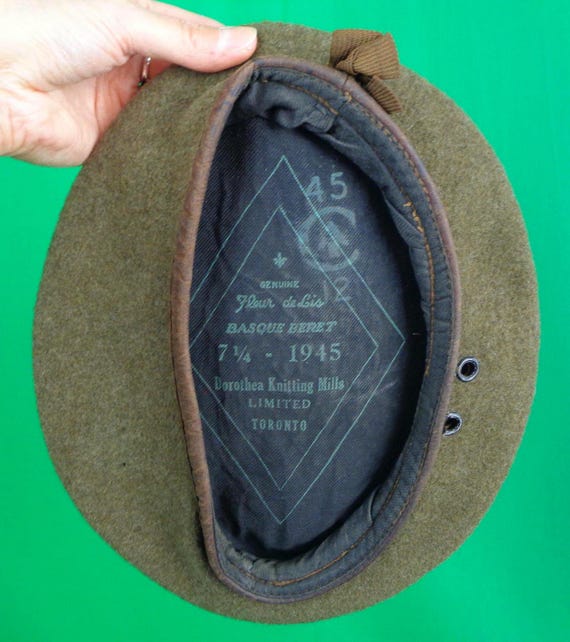 Vintage Unisex Green Beret Tam Wool Brown Leather Military Army Hat 40s 1945 WW2 CA US 7 1/4 LG Wedding Party Evening Formal Casual Gift