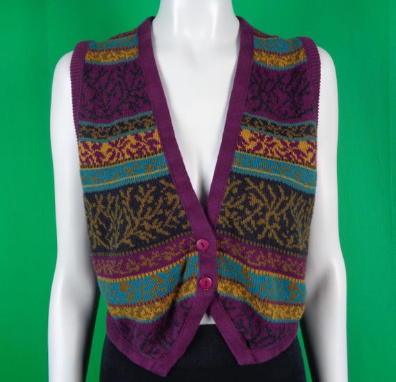 Vintage Retro Clothing Apparel Button Vest Knitwear Jersey Sweater 1980s 1990s Sport-wear Evening Gift Pattern Purple Green Blue Yellow
