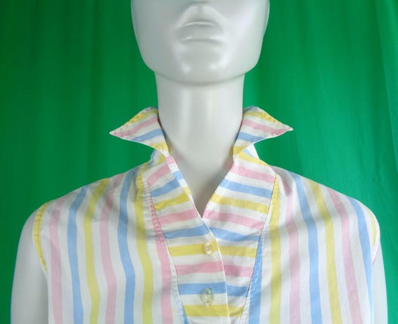 Vintage Retro Clothing Apparel Pullover Cotton Sun Crop Top Shirt Blouse 1940s 1950s Mid Century S Stripe Pastel White Yellow Blue Pink Gift