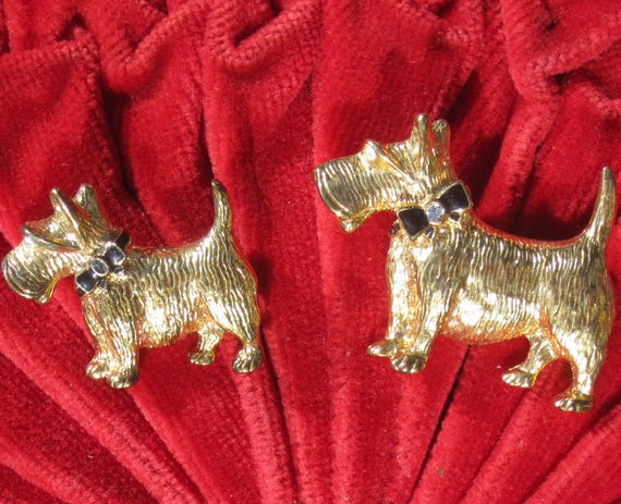 Vintage Avon Scottish Terrier Brooch: Gold Tone Scotty Dog Pin 70s-80s Jewelry Set Keepsake