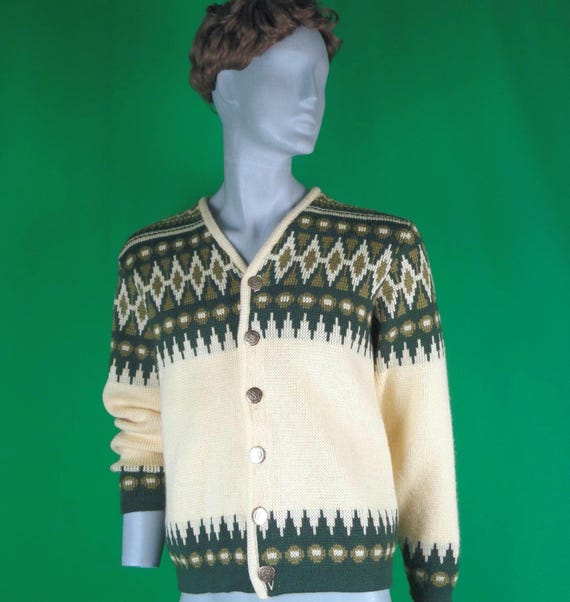 Vintage Retro White Ram Wool Cardigan: 1960s-70s Chevron Knit Sweater LG Jumper Yellow Green