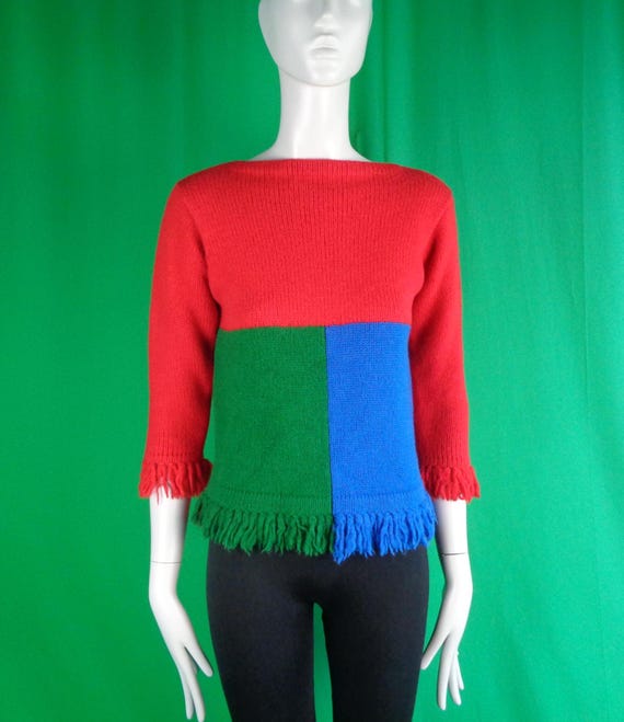 Vintage Retro White Stag JRS Clothing Pullover Wool Sweater Knitwear 1950s 60s Mid Century Fringe Red Blue Green S Party Casual Formal Gift