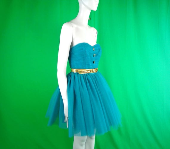 Betsey Johnson Teal Blue Dress: Gold Belt, Embellished Party Dress, Size S 4 Gift