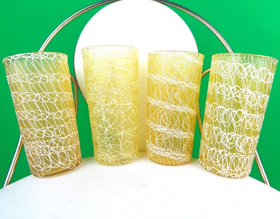 Vintage Retro Drink Water Tumbler Glass Cup Set 4 50s 60s Mid Century Colorcraft Spaghetti Yellow Barware Kitchen Dine Serve Home Decor Gift