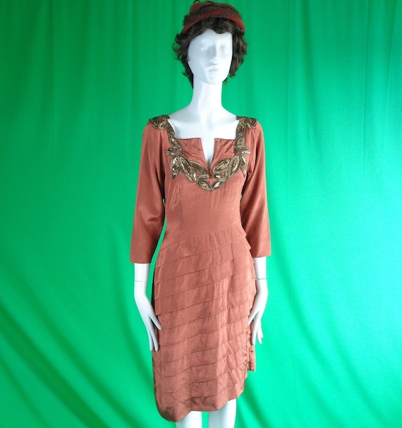 Vintage Retro Handmade Clothing Beading Pencil Angle Pleat Dress 1960s 1970s Medium Copper Brown Wedding Party Formal Evening Prom Gift