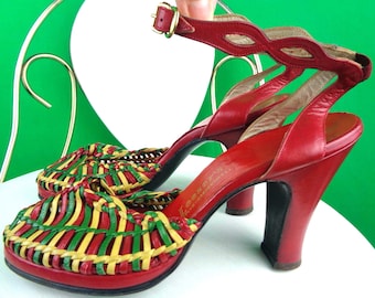 Vintage Loesers Brooklyn Slingback Heels, Red & Woven Leather, UK 4.5 1940s-50s Pumps Shoes