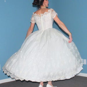 Vintage Retro Clothing Off White Chiffon Dress Ball Gown Slip Eyelet Lace 1940s 1950s Mid Century XS Bridal Wedding Party Formal Prom Gift