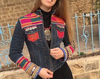 JEWEL  Boho Tribal Jeans Denim Jacket with Banjara embroidery Kuchi coins buttons pendant Hippie Festival Ethnic  XS S M