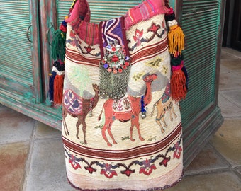 CAMELCADE Tote Vintage Woven Ethnic Hippie Boho Overnight Bag Banjara Turkoman Pendant Hobo Bag Tassels Kuchi (can be CUSTOM ORDERED ONLy!)
