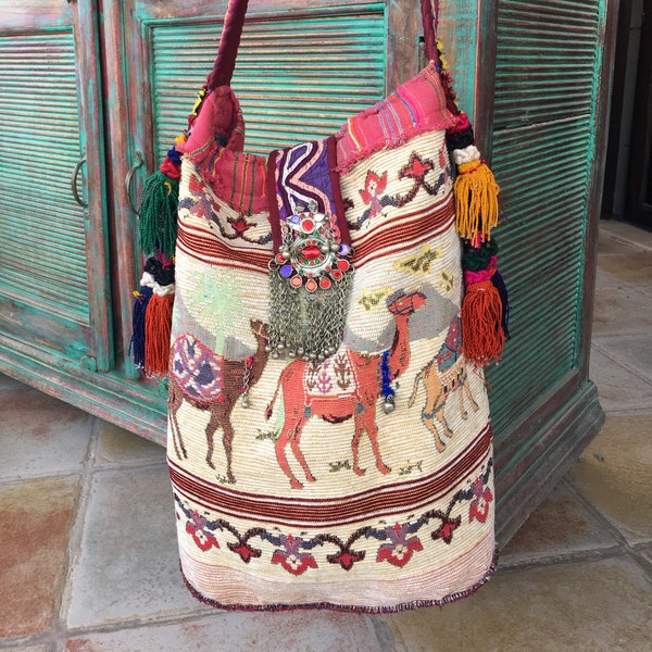 CAMELCADE Tote Vintage Woven Ethnic Hippie Boho Overnight Bag Banjara Turkoman Pendant Hobo Bag Tassels Kuchi (can be CUSTOM ORDERED ONLy!)