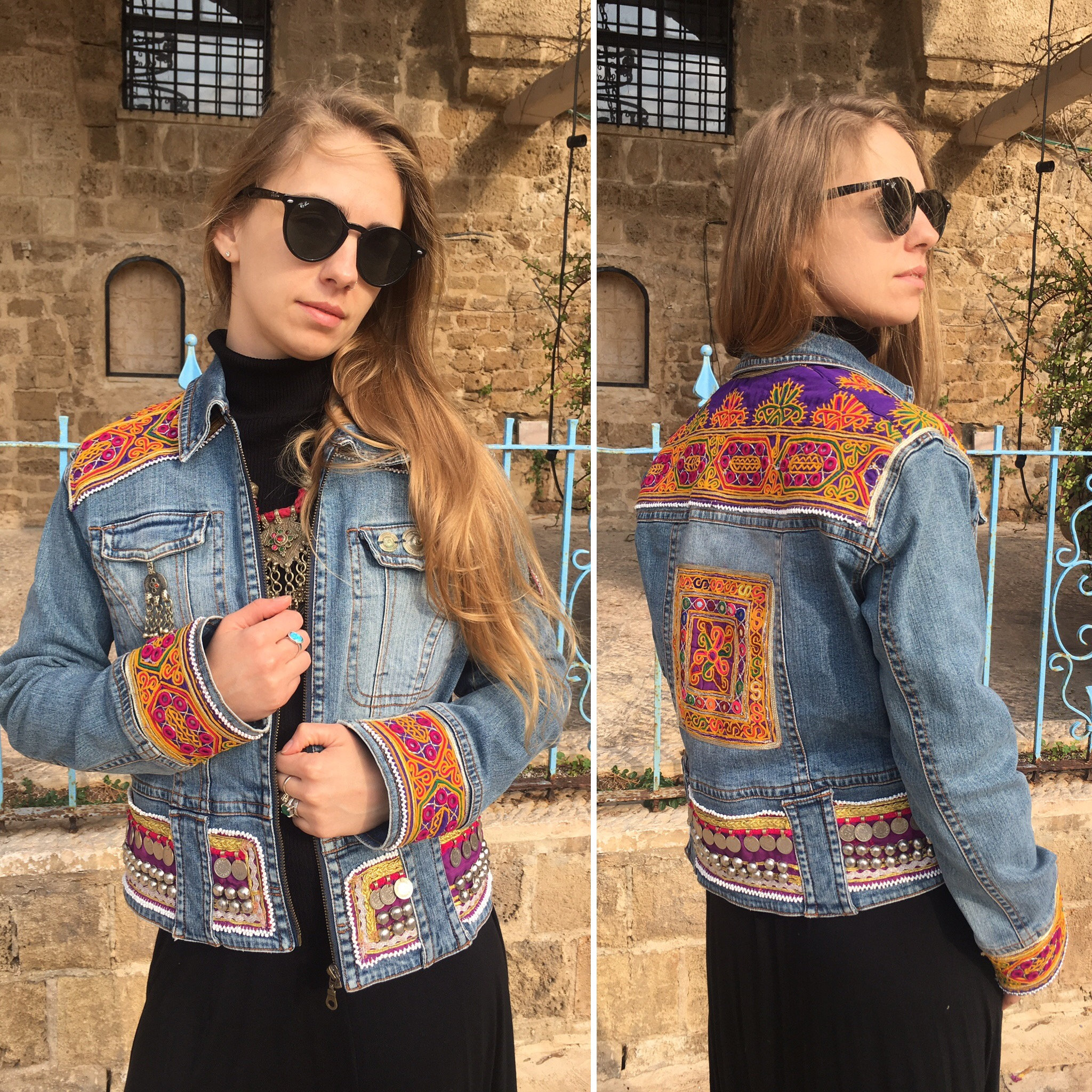 NOA Boho Tribal Jeans Denim Jacket With Banjara Embroidery NOA Boho Tribal Jeans Denim Jacket With Banjara Embroidery