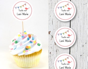 DIY Set 6 Cupcake Topper personalisiert Flags Muffindeko mit individuellem Namen rosa Taufe Kommunion Konfirmation Firmung Bat Mizwa