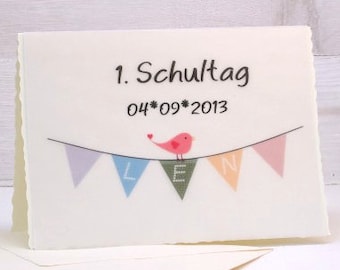 DIY personalisierte Karte zur Einschulung mit Wimpelkette und Namen Geschenk Transparentpapier und Büttenkarte mit Umschlag