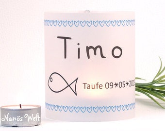 DIY personalisierte Lichthülle blaue Herzen Fisch Set zur Taufe Firmung Kommunion Konfirmation Bat Mizwa mit Namen