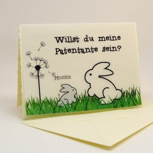 DIY gepersonaliseerde kaart calqueerpapier met konijnen Vraag Godmother Vraag Godfather