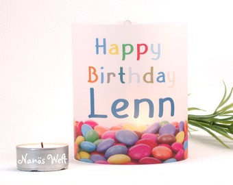 DIY personalized lantern for birthday with name Happy Birthday colorful chocolate lenses light cover for table decoration