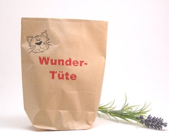 Set gift bag made of kraft paper with red inscription "miracle bag" cat and gift tag made of paper with cord in red and white