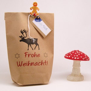 Buon Natale! con set alci grande sacchetto regalo in carta kraft con cordoncino rosso e bianco ed etichetta regalo in carta