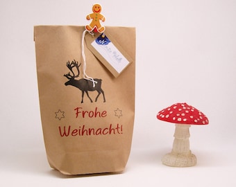 Frohe Weihnacht! mit Elch Set große Geschenktüte Kraftpapier mit Kordel in rot-weiß und Geschenkanhänger aus Papier