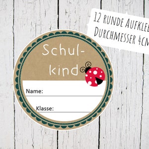 Aufkleber Schulkind DIY rund 4cm mit Marienkäfer Name Klasse Kraftpapieroptik