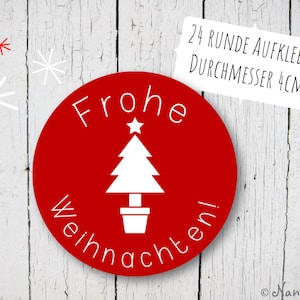 24 rote Aufkleber mit weißem Weihnachtsbaum Frohe Weihnachten rund