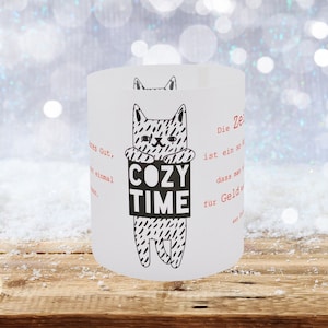 DIY winter lantern with cat and saying &quot;Time is such a precious commodity that you can&#39;t even buy it with money.&quot;