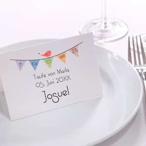 Placa personalizada con banderines de colores para bautizo o comunión para niñas
